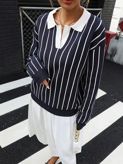 Stripe Contrast Collar Long Sleeve Knit Top - Byyde