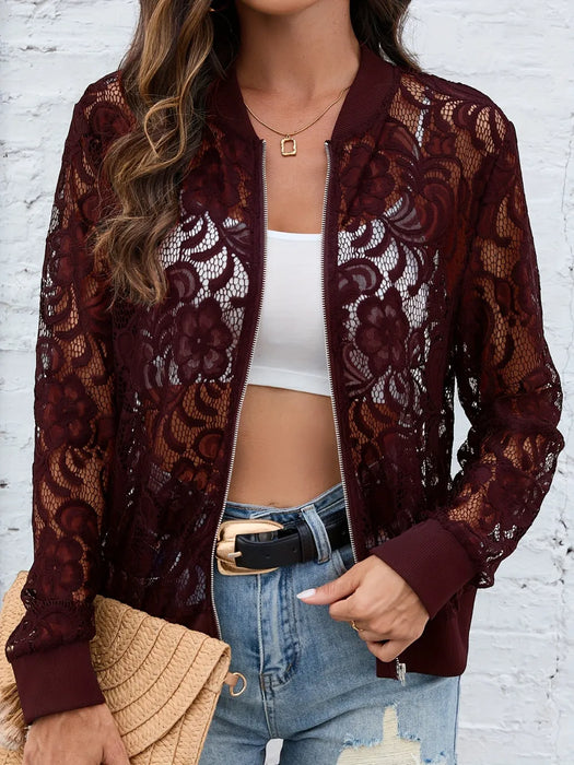 Sheer Lace Zip Up Long Sleeve Jacket - Byyde