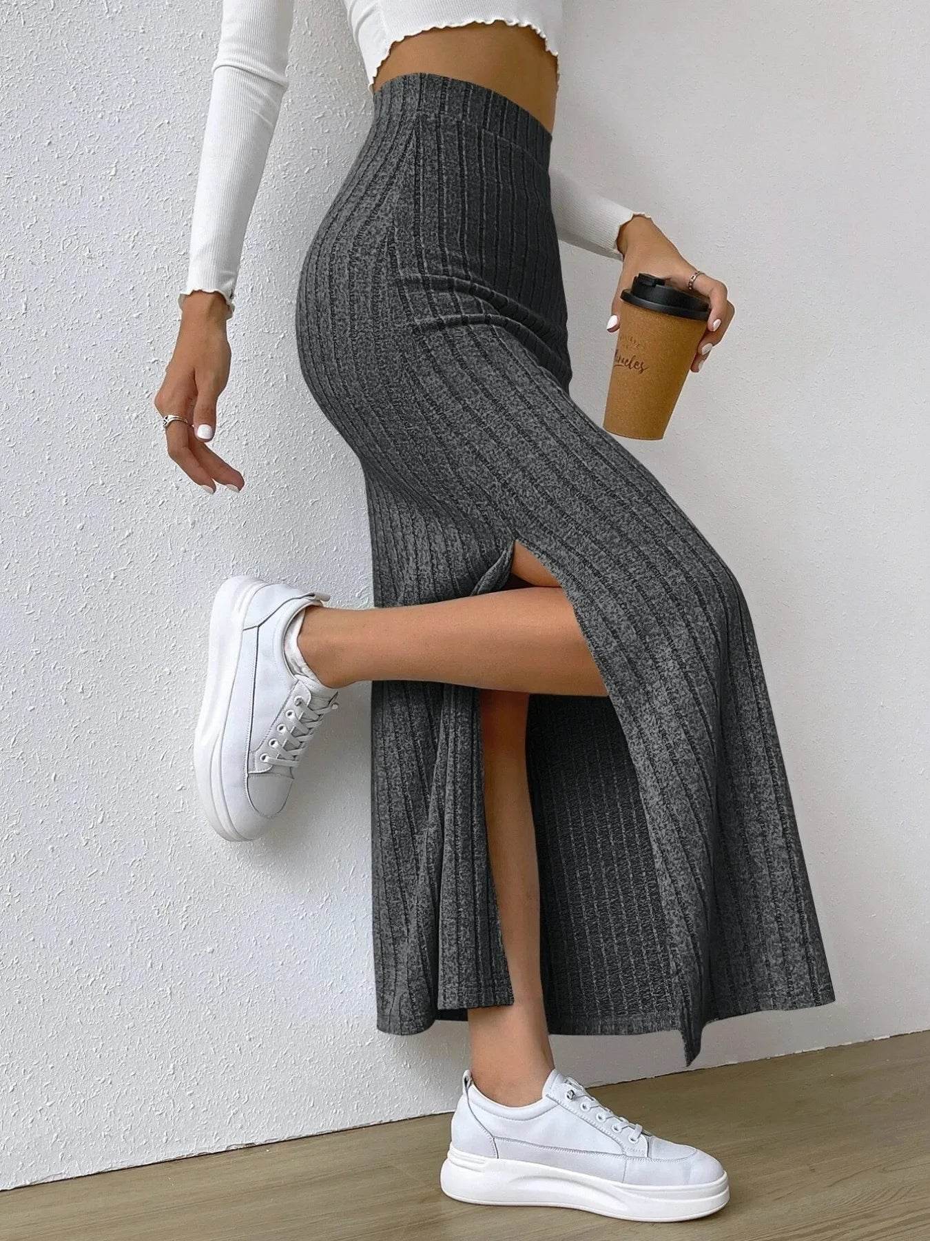 High Waist Ribbed Knit Maxi Skirt - Byyde