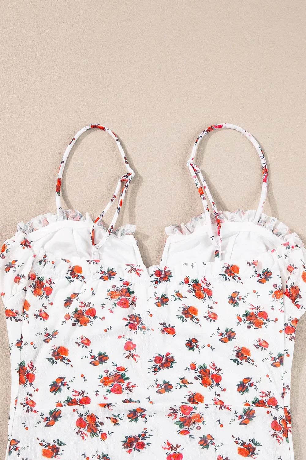 Floral Frilled Trim Spaghetti Straps Bodysuit - Byyde