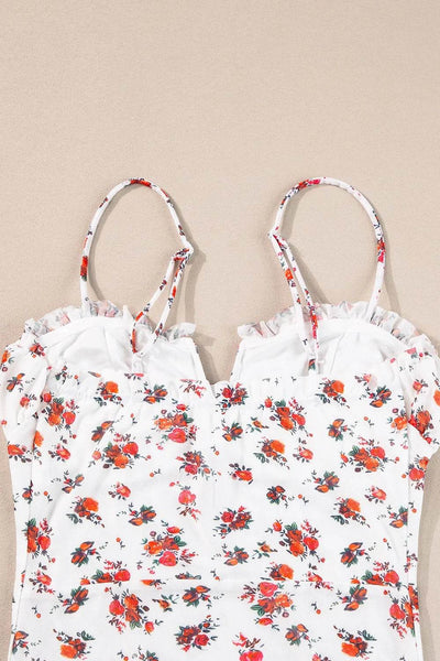 Floral Frilled Trim Spaghetti Straps Bodysuit - Byyde
