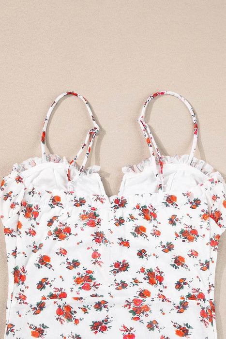Floral Frilled Trim Spaghetti Straps Bodysuit - Byyde