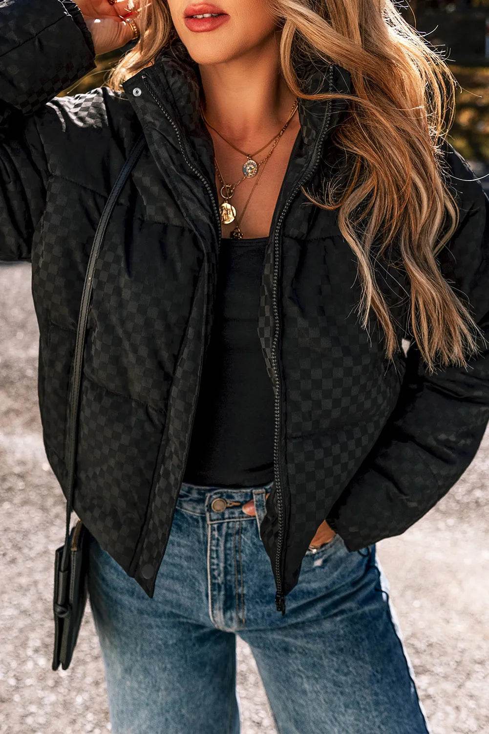Checkered Turtleneck Zip Up Long Sleeve Winter Coat - Byyde