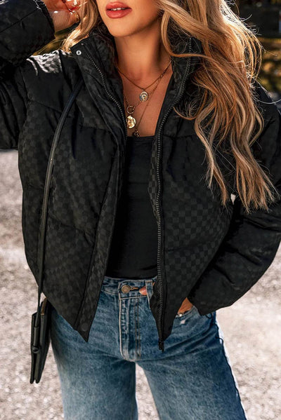 Checkered Turtleneck Zip Up Long Sleeve Winter Coat - Byyde