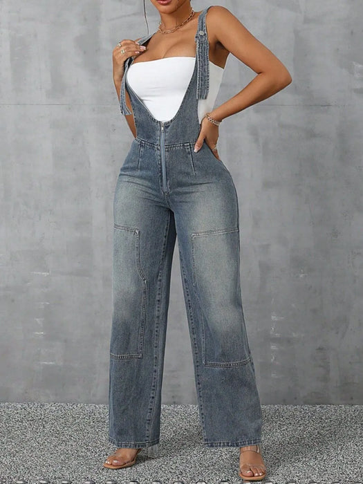 Zip Front Wide Strap Denim Overalls - Byyde