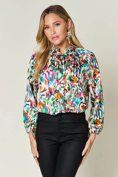 Double Take Full Size Printed Button Up Long Sleeve Shirt - Byyde