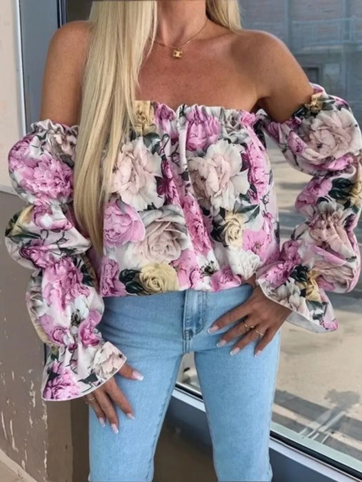 Printed Off-Shoulder Flounce Sleeve Blouse - Byyde