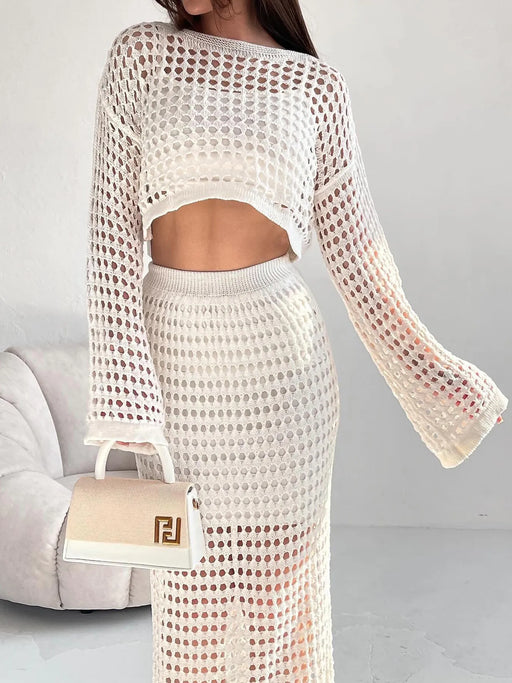 Hollow Out Long Sleeve Top and Skirt Knit Set - Byyde