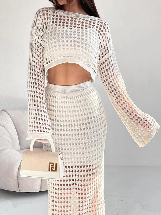Hollow Out Long Sleeve Top and Skirt Knit Set - Byyde
