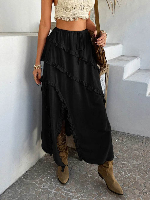 Devine Slit Drawstring Ruffled Skirt - Byyde