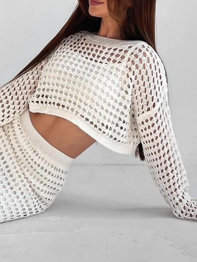 Hollow Out Long Sleeve Top and Skirt Knit Set - Byyde