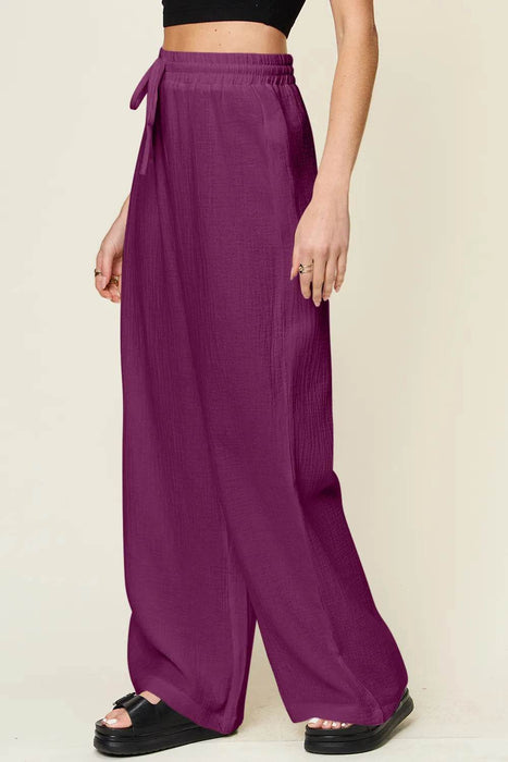 Double Take Full Size Texture Drawstring Wide Leg Pants - Byyde