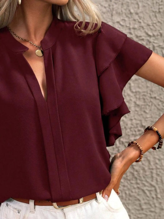 Ruffle Sleeve Notched Blouse - Byyde