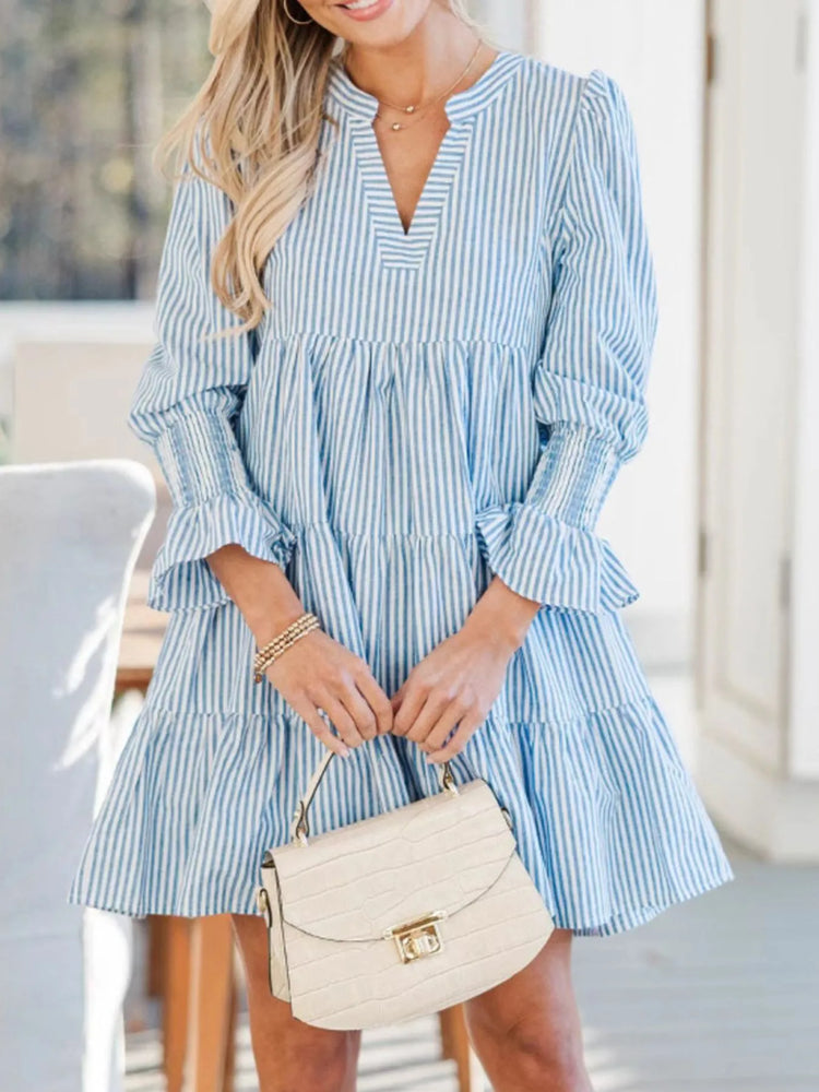 Striped Tiered Flounce Sleeve Shirt Dress - Byyde
