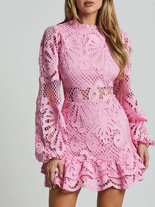 Lace Crochet Long Sleeve Mini Dress - Byyde