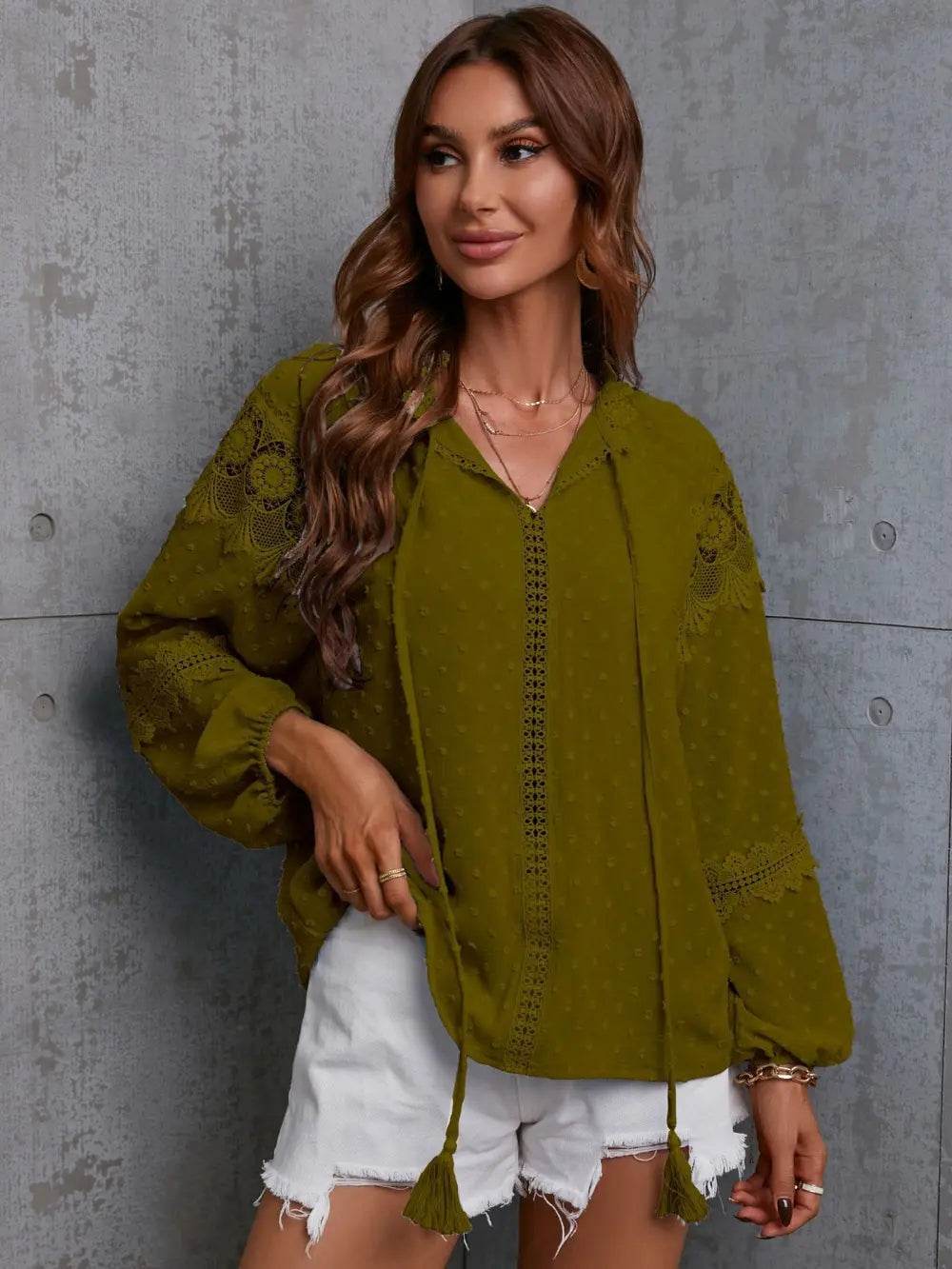 Crochet Tassel Tie Neck Long Sleeve Blouse - Byyde