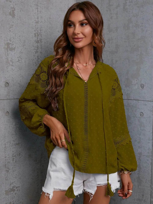 Crochet Tassel Tie Neck Long Sleeve Blouse - Byyde
