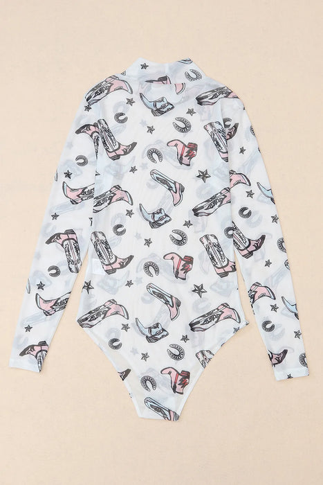 Printed Mock Neck Long Sleeve Bodysuit - Byyde