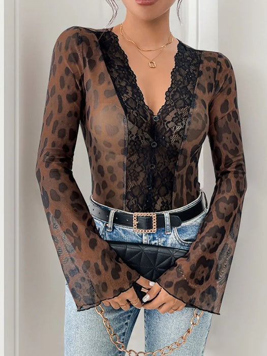 Perfee Leopard V-Neck Lace Bodysuit - Byyde