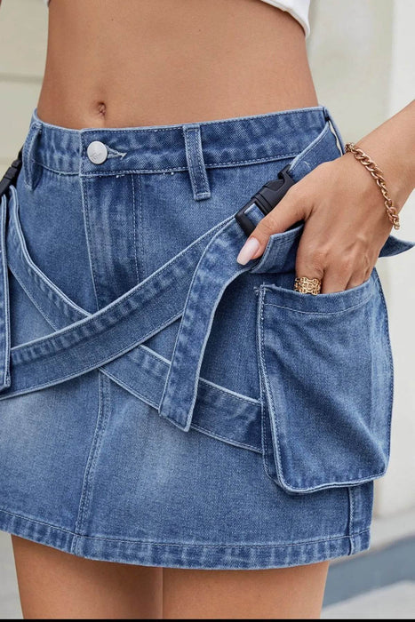 Criss-Cross Waist Detail Denim Mini Skirt - Byyde