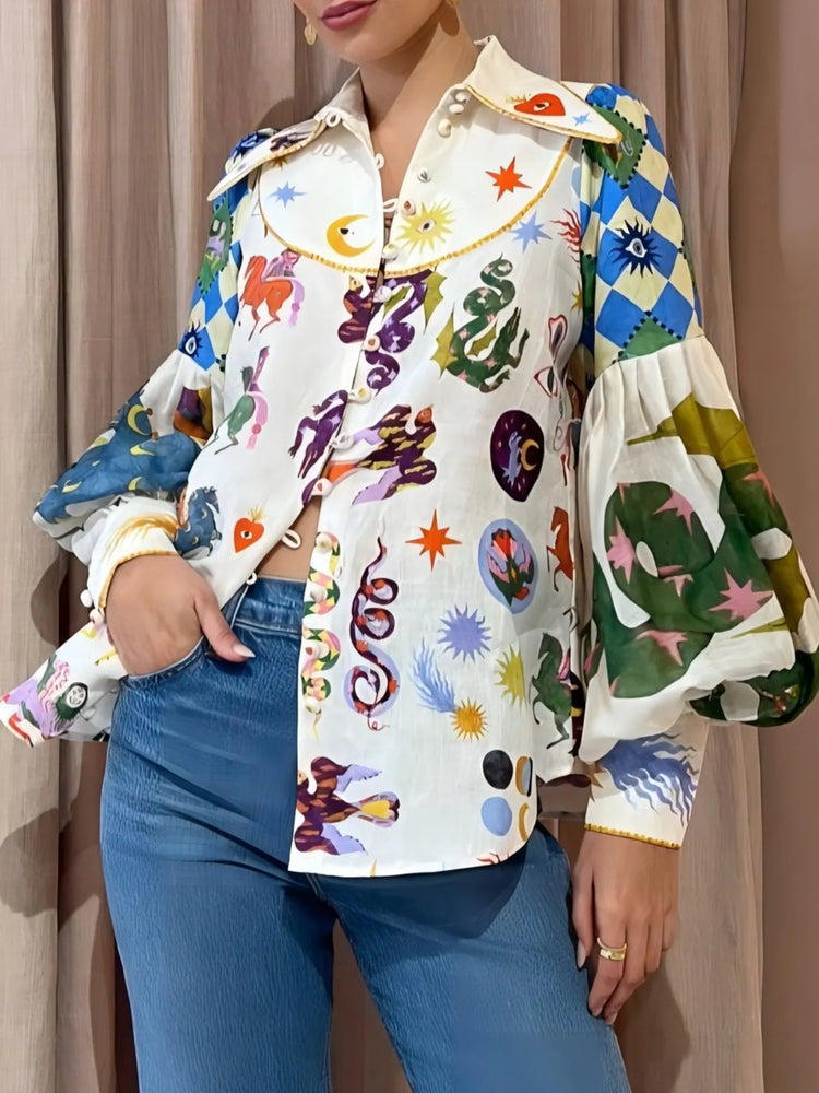 Printed Button Up Lantern Sleeve Shirt - Byyde