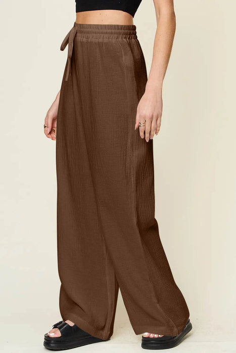 Double Take Full Size Texture Drawstring Wide Leg Pants - Byyde