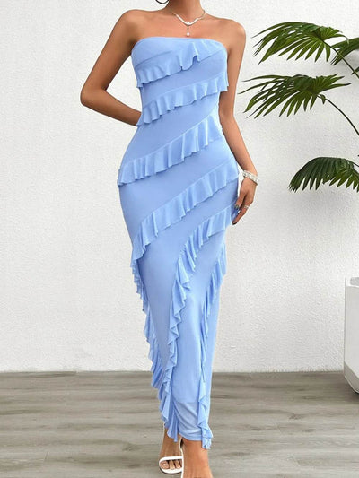 Devine Ruffled Slit Back Tube Maxi Dress - Byyde