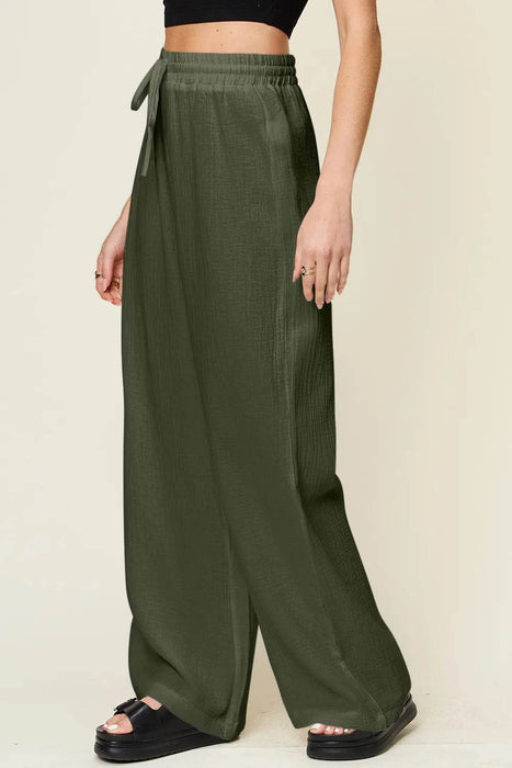 Double Take Full Size Texture Drawstring Wide Leg Pants - Byyde