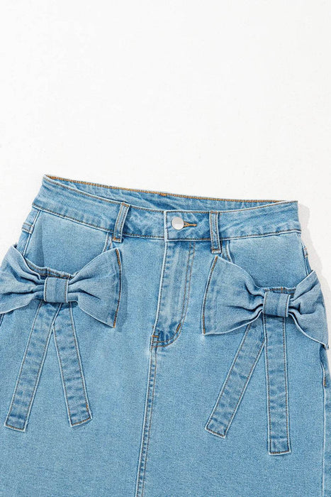 Acid Wash Bowknot Details High Waist Denim Skirt - Byyde