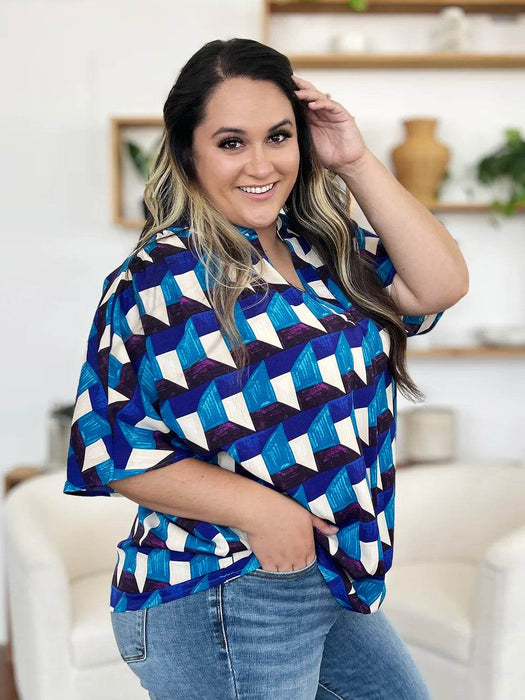 Double Take Full Size Geometric Notched Half Sleeve Blouse - Byyde