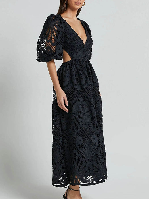 Cutout Back Lace Crochet V-Neck Dress - Byyde