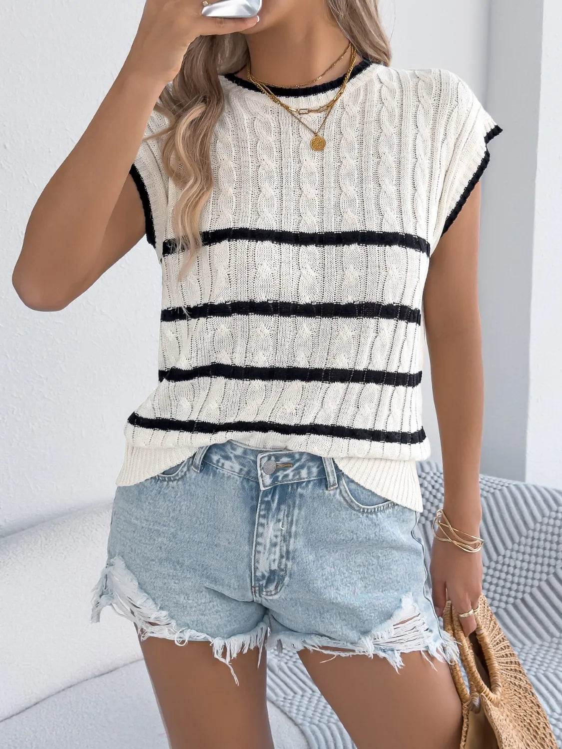 Cable-Knit Striped Round Neck Knit Top - Byyde
