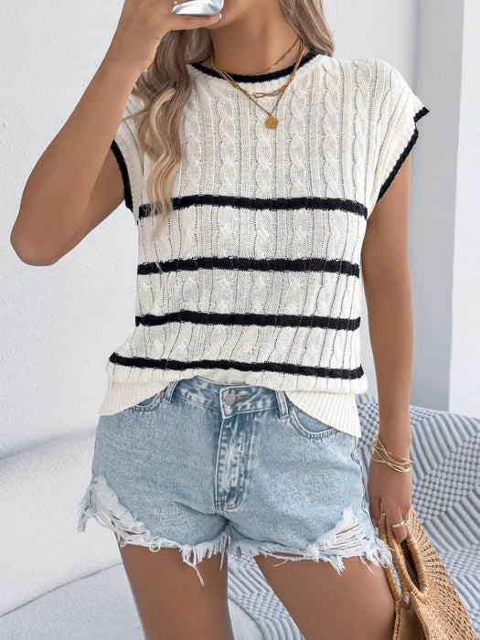 Cable-Knit Striped Round Neck Knit Top - Byyde