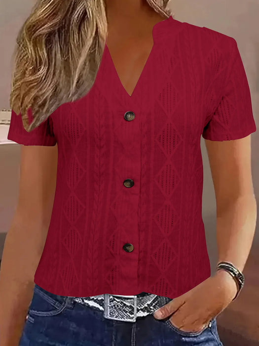Textured Notched Short Sleeve Blouse - Byyde