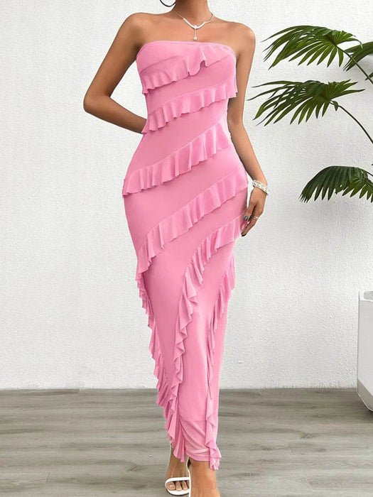 Devine Ruffled Slit Back Tube Maxi Dress - Byyde