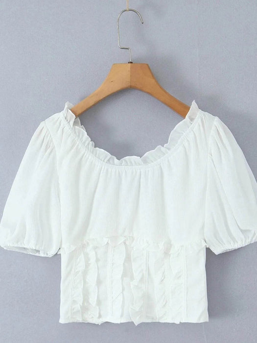 Frill V-Neck Puff Sleeve Blouse - Byyde