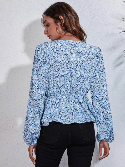 Floral V-Neck Balloon Sleeve Peplum Blouse - Byyde