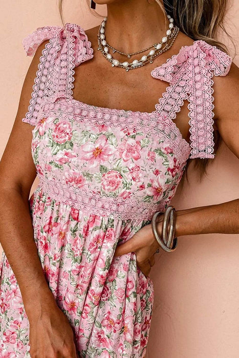 Floral Lace Tied Strap Square Neck Dress with Pockets - Byyde