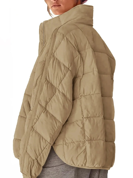 Pocketed Plaid Quilted Zip Up Winter Coat - Byyde
