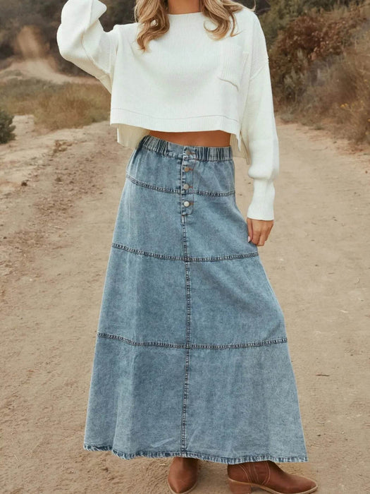 Button-Front Tiered Maxi Denim Skirt - Byyde