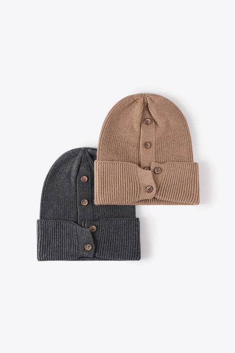 Button Detail Rib-Knit Cuff Beanie - Byyde