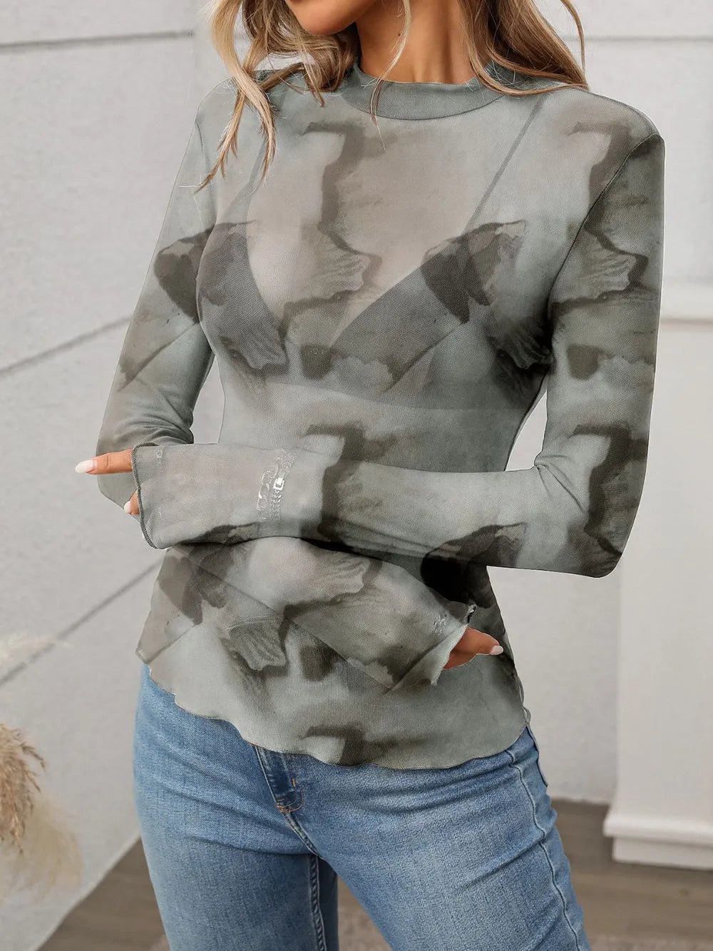Printed Mock Neck Long Sleeve Mesh T-Shirt - Byyde
