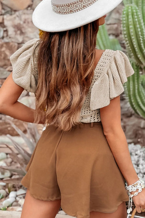 Openwork Ruffled Scoop Neck Knit Top - Byyde