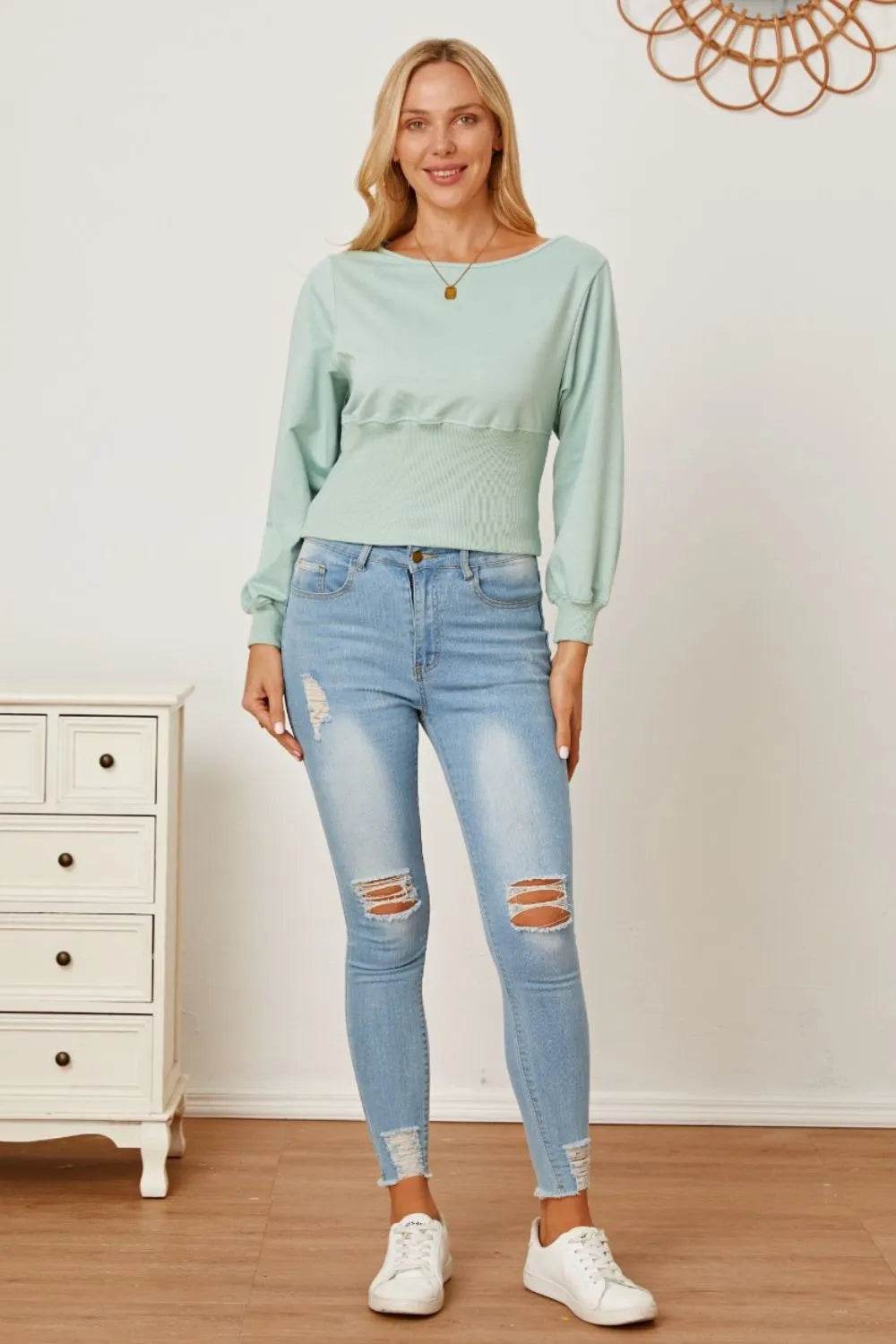 Boat Neck Lantern Sleeve Blouse - Byyde