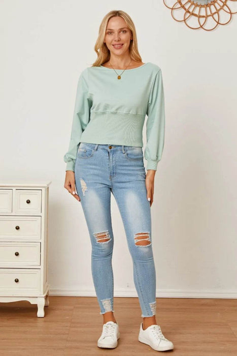 Boat Neck Lantern Sleeve Blouse - Byyde