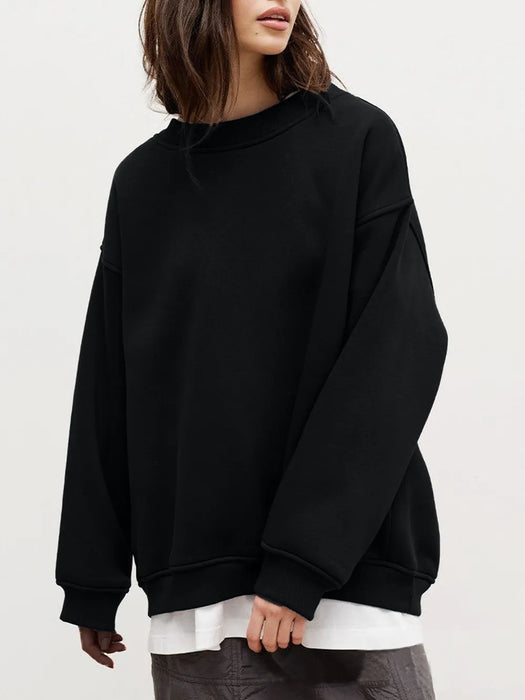 Round Neck Dropped Shoulder Long Sleeve Sweatshirt - Byyde