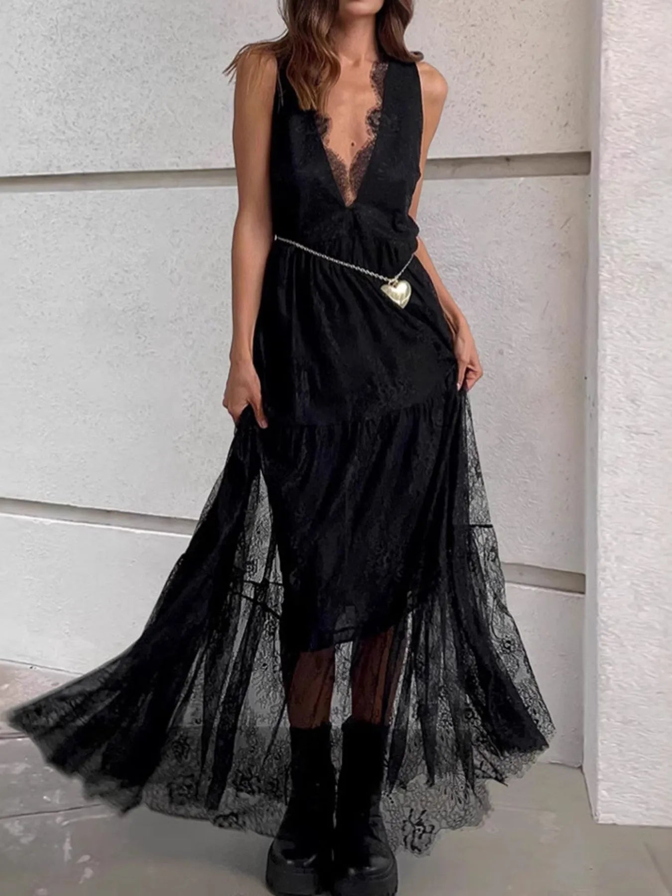 Lace Deep V-Neck Maxi Dress - Byyde