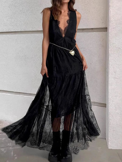 Lace Deep V-Neck Maxi Dress - Byyde