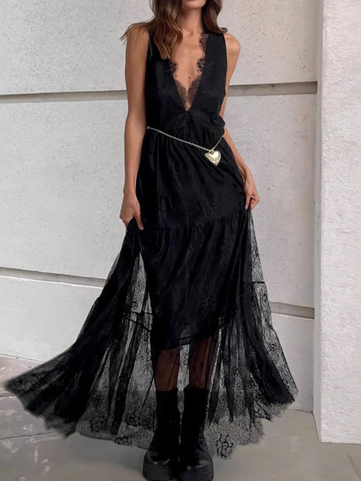 Lace Deep V-Neck Maxi Dress - Byyde