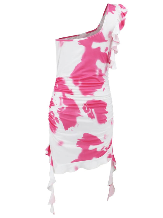 Ruffled Tie-Dye Single Shoulder Mini Dress - Byyde